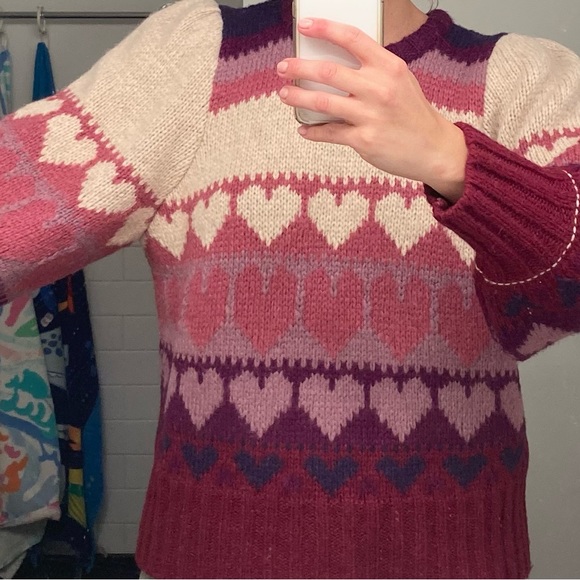 LoveShackFancy Prune/Multicolor Shirelle Heart Balloon-Sleeve Pullover Sweater - Picture 12 of 12